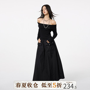 DKZ 高级感超好看一字领露肩黑色连衣长裙秋季2023年女装裙子