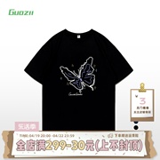 guozii黑色正肩短袖t恤女男，蝴蝶印花设计独特感上衣设计感小众夏
