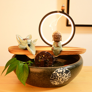 新中式创意客厅招财流水，摆件风水轮喷泉，桌面生财循环手工陶瓷鱼缸