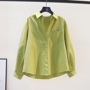 果绿色棉衬衫女单口袋长袖宽松衬衣2023秋季文艺范百搭上衣打底衫