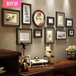新中式照片墙禅意实木相框墙，组合中国风，客厅沙发背景墙装饰画玄关