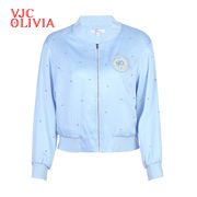 VJC OLIVIA女装女士蓝色缎面棒球服短外套休闲烫钻修身夹克