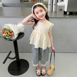 女童夏装2024夏季女宝宝中式国风套装时尚，洋气黑白格子两件套