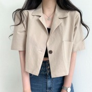 韩国chic西装领一粒扣短外套女2023年夏季港风复古短袖衬衣