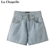 拉夏贝尔lachapelle夏季重工钉珠休闲高腰，显瘦牛仔短裤热裤
