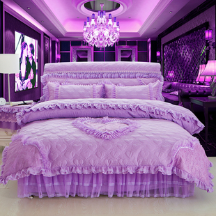 公主风床裙四件套韩式花边，纯色加棉加厚床罩蕾丝床单被套婚庆粉色