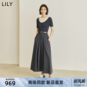 商场同款lily2024春女装，时尚设计感假两件高腰，a字连衣裙