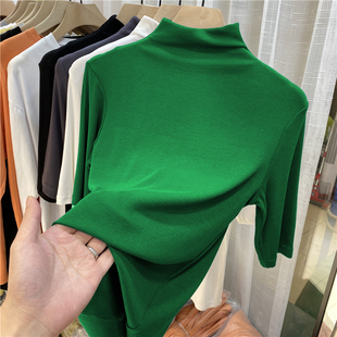 高领薄款打底衫女绿色，中袖上衣2024春夏洋气，轻熟风气质针织衫