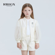 rbigx瑞比克童装，秋季女童拼接设计感网纱袖子棒球外套