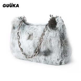 GUUKA潮牌灰色扎染腋下包女单肩手拎包 高级感仿兔毛手提包包