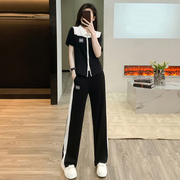 时尚气质减龄显瘦黑色套装女韩版潮流修身短袖阔腿裤两件套