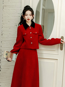 秋冬季女装洋气红色毛呢套装裙两件套千金时髦外套搭配半身裙