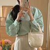 韩国chic温柔减龄苹果绿圆领套头宽松百搭纯色灯笼袖衬衫上衣女