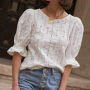 法式上衣女夏设计(夏设计)感小众白色短袖夏天蕾丝刺绣气质短款甜美衬衫