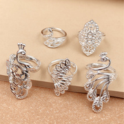 孔雀戒指女999纯银戒指环羽毛时尚个性夸张食指镂空装饰指环饰品.