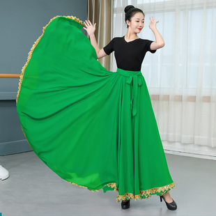 绿色古典舞蹈服女飘逸雪纺，半身裙720度大摆裙，新疆现代舞演出长裙
