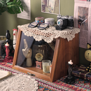 复古实木桌面抽屉式收纳盒，木质化妆品水乳，展示柜茶具茶杯整理盒子