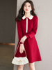 高端红色羊毛针织毛衣裙洋派娃娃领中裙显瘦洋装外穿新年红裙子