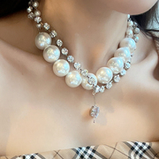 欧美满钻双层项链大小珍珠，拼接长款颈链小众，设计时髦轻奢风颈饰女