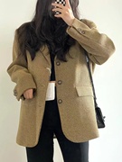 黄色西装斜纹加厚短款毛呢外套，女秋冬韩版宽松小个子羊毛呢子大衣