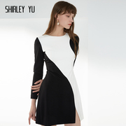 shirleyyu2024年春夏，黑白拼色长袖连衣裙气质，中裙收腰a字裙