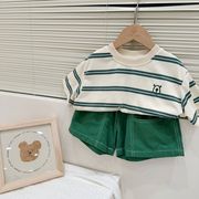 男童条纹短袖套装，2023夏装中小童韩版t恤短裤两件套童装上衣