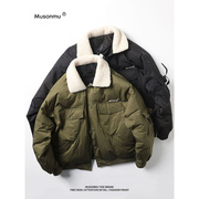 MUSONMU空军飞行员羊羔绒毛领工装短款羽绒服男冬季保暖夹克外套