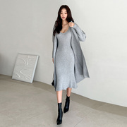 欧韩女装秋冬款韩版女神范低胸吊带连衣裙针织背心开衫外套两件套