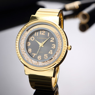 手镯手表时尚钢带全金属女士腕表，个性可流动水钻圆形表盘石英女表