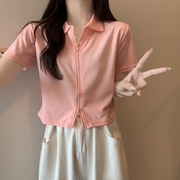 双拉链polo领粉色短袖t恤女夏季设计感小众短款露脐辣妹开衫上衣