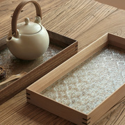 日式复古海棠压花玻璃茶盘托盘柚木榉木黑胡桃木质长方形收纳盒