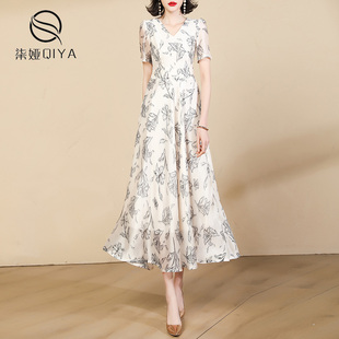 欧根纱连衣裙女2024短袖，夏季高端气质白色高个子(高个子)大摆长款裙子