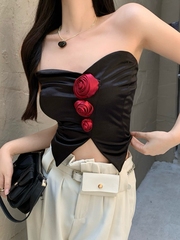 性感撞色玫瑰花朵设计感甜辣妹抹胸背心女夏内搭外穿短款上衣套装