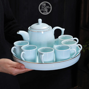 青瓷茶具套装家用简约整套轻奢中式功夫茶壶带把茶杯干泡托盘茶台
