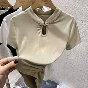 新中式镂空立领短袖打底衫女夏季设计感小众修身百搭白色T恤上衣