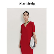 自然垂感廓形玛丝菲尔春夏名媛风法式红色百褶连衣裙女