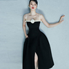 法式复古小黑裙，女越南小众设计师黑白，撞色吊带礼服连衣裙