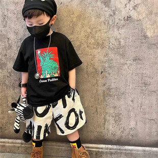 韩版男童卡通短袖t恤夏季宝宝洋气字母短裤中小儿童潮牌上衣