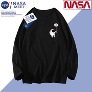 NASA MEET重磅长袖T恤男纯棉纯色宽松春秋款运动圆领白色内搭打底