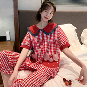睡衣女夏季纯棉短袖长裤，两件套装韩版宽松学生红色格子春秋家居服