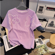 美式复古紫色短袖t恤女2022年夏季宽松设计感别致小花朵上衣纯棉