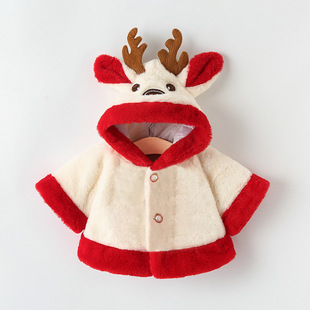 圣诞款冬季童装加厚连帽斗篷外套保暖毛毛衣小一件代发