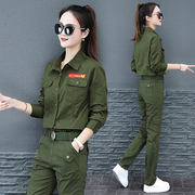 迷彩服衬衫女春季韩版军绿色，工装长袖薄款显瘦休闲长裤两件套