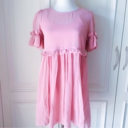 紫系列粉色雪纺连衣裙，仙美褶皱摆吊带两件套连衣裙，品牌折扣女装