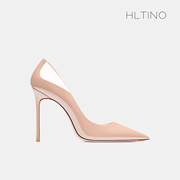 hltino2024夏裸色漆皮高跟鞋，女细跟时尚，侧空尖头单鞋百搭鞋子