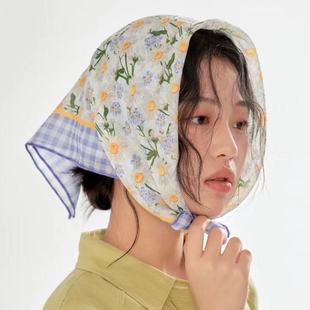 文艺棉麻小方巾春夏丝巾，女韩国洋气头巾，时尚装饰发带花朵领巾围巾
