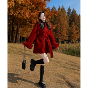 新年红色100%羊毛大衣女冬季高端富家千金毛毛袖口双面毛呢外套
