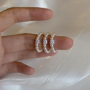s925纯银小方糖锆石珍珠戒指女小众设计秋冬指环轻奢高级感食指戒