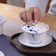 青花盖碗茶具白瓷手绘薄胎手工三才茶杯陶瓷家用泡茶茶碗功夫瓷器