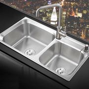 厨房水槽双槽304不锈钢拉丝洗菜盆厨盆洗碗池套餐，斜边水池加厚